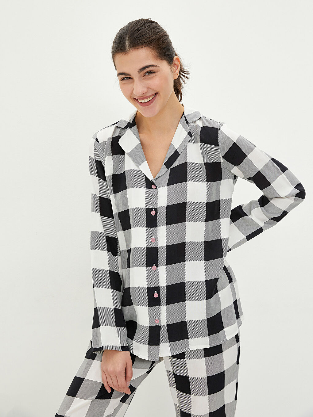 Shirt Collar Plaid Long Sleeve Viscose Women's Pajamas Set-3