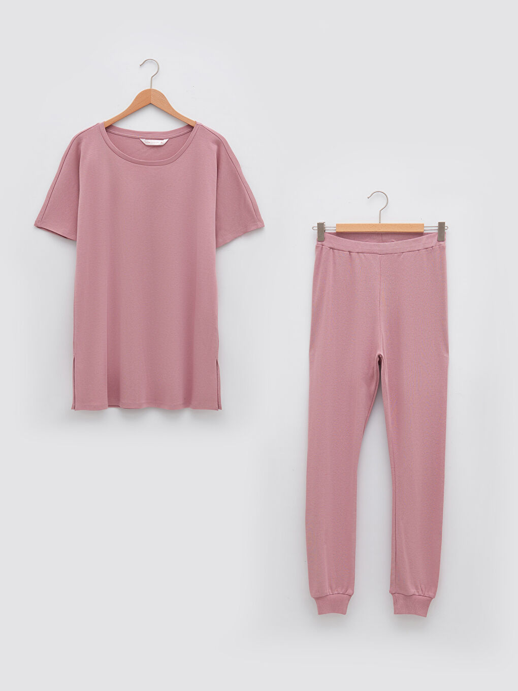 Lila Bisiklet Yaka Düz Kısa Kollu Pamuklu Kadın Pijama Takımı-5