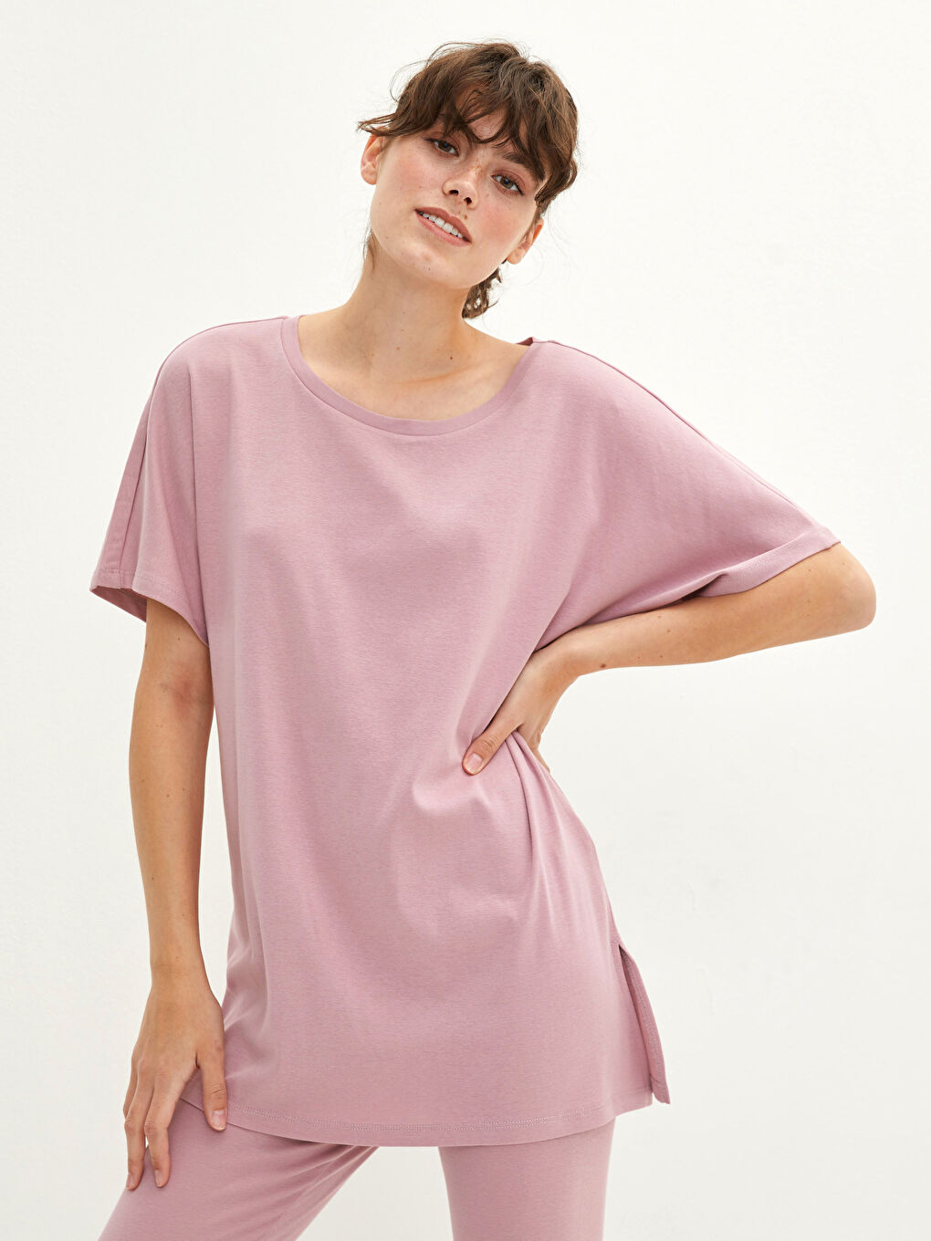 Lila Bisiklet Yaka Düz Kısa Kollu Pamuklu Kadın Pijama Takımı-1