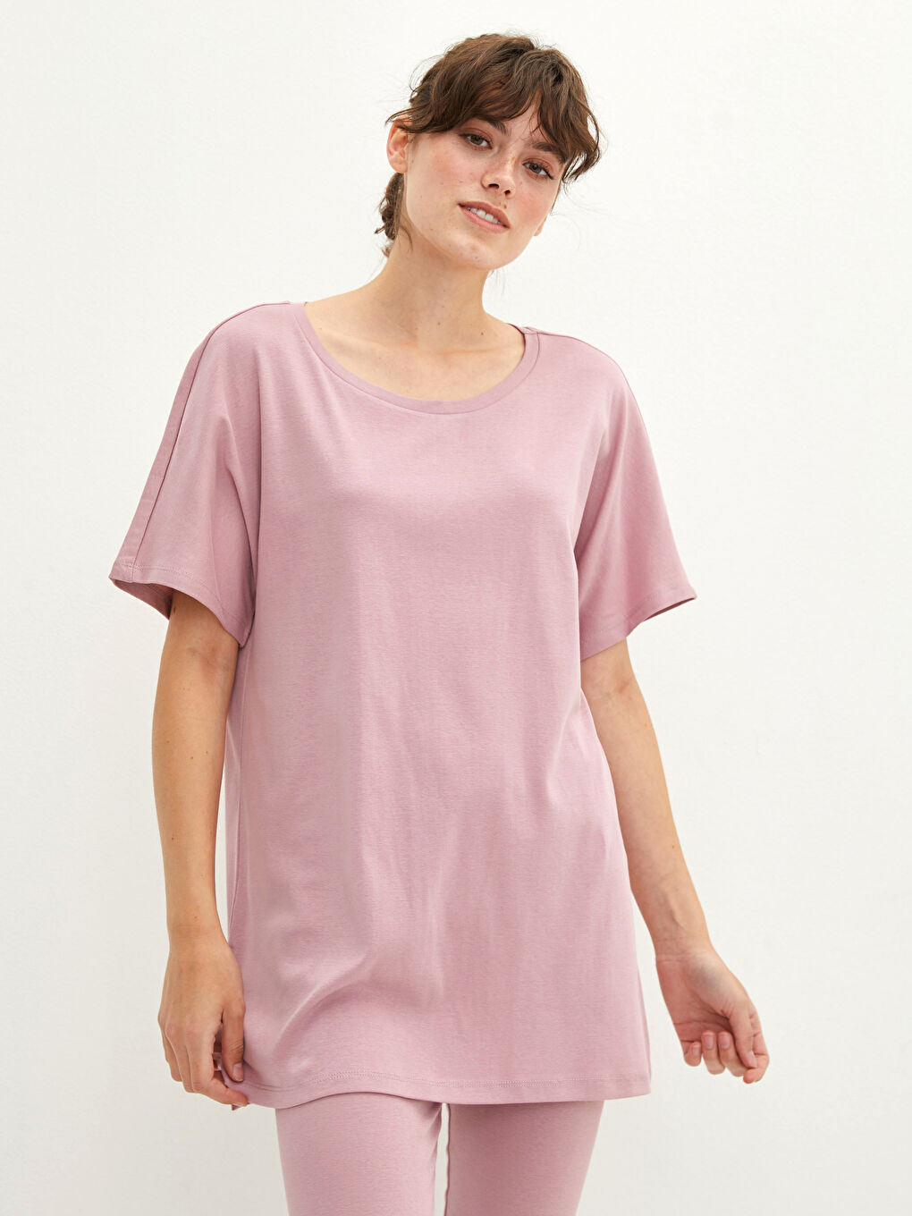 Lila Bisiklet Yaka Düz Kısa Kollu Pamuklu Kadın Pijama Takımı-2