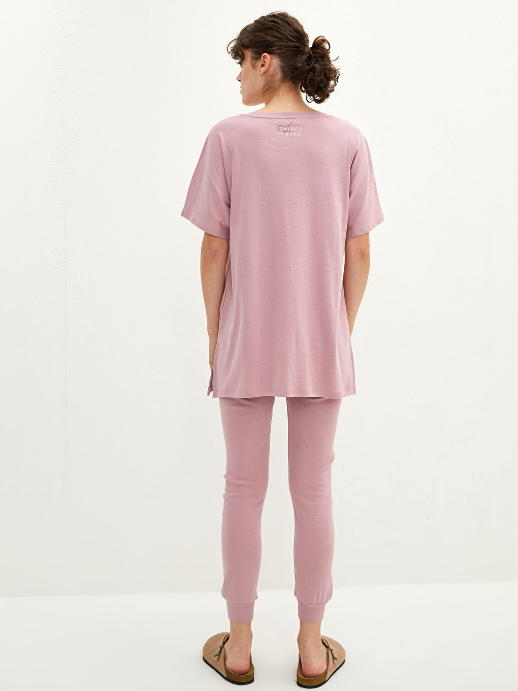 Lila Bisiklet Yaka Düz Kısa Kollu Pamuklu Kadın Pijama Takımı-4