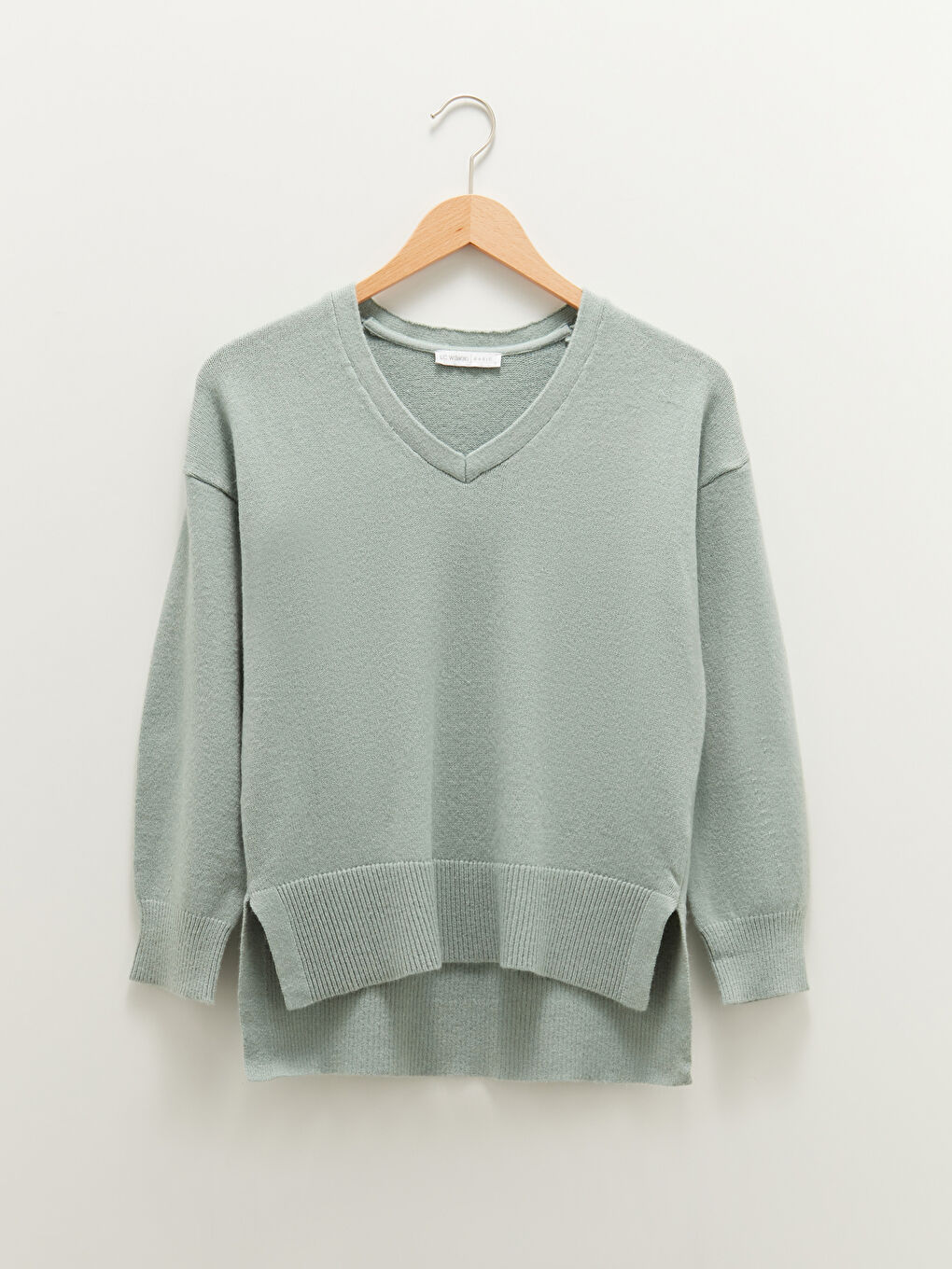 әйелдерге арналған трикотаж өрнексіз ұзын жең v жағалы жемпір-4