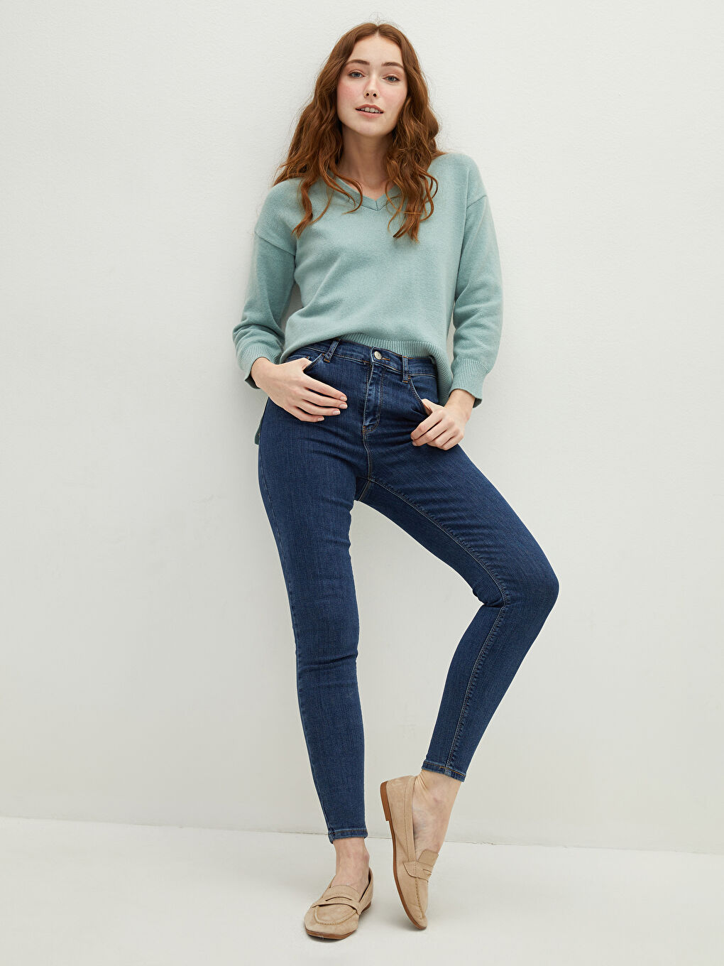 әйелдерге арналған трикотаж өрнексіз ұзын жең v жағалы жемпір-2