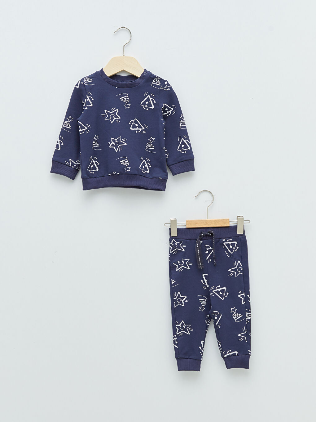 Lacivert Bisiklet Yaka Uzun Kollu Baskılı Erkek Bebek Sweatshirt ve Jogger Pantolon 2'li Takım