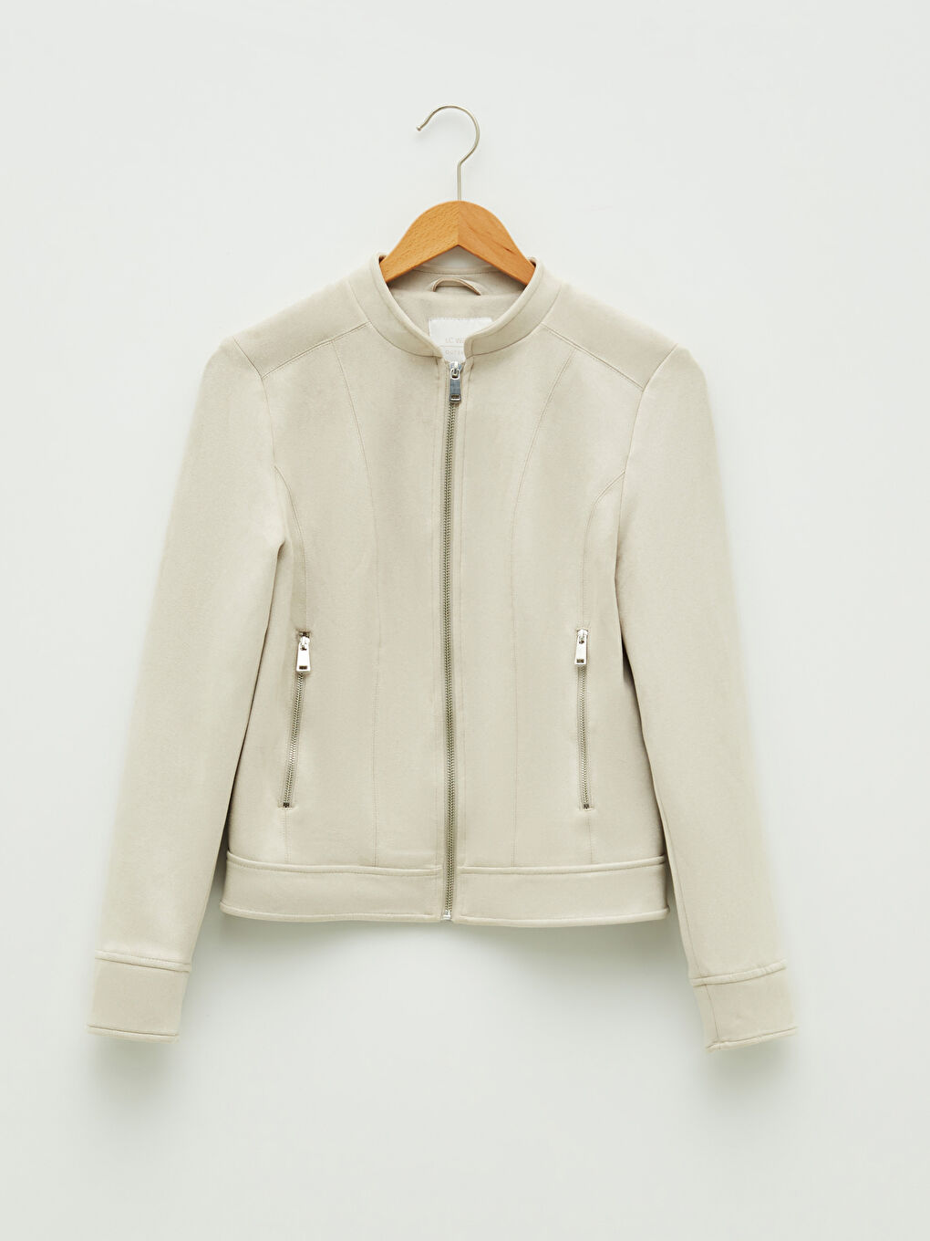 Bej Dik Yaka Düz Uzun Kollu Kadın Fermuarlı Ceket-5