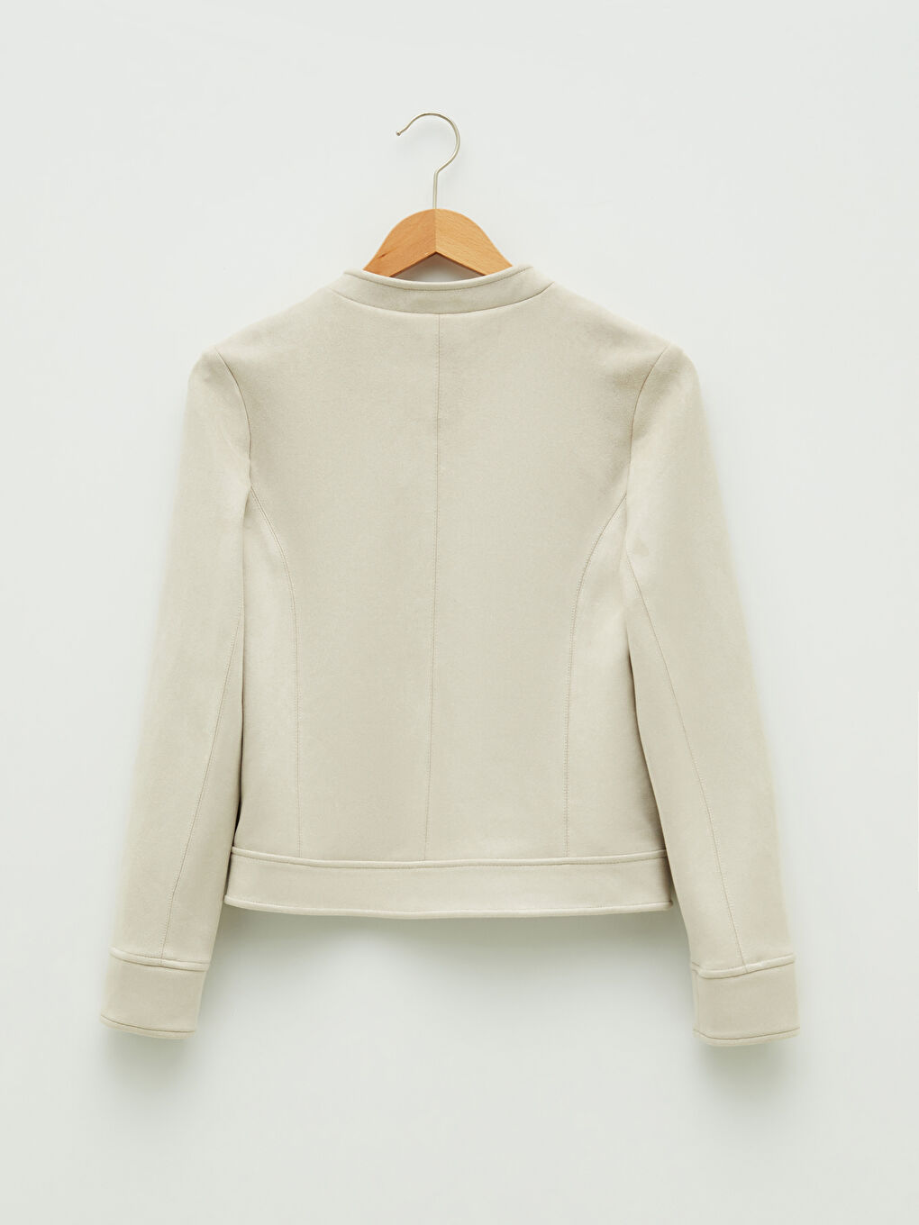 Bej Dik Yaka Düz Uzun Kollu Kadın Fermuarlı Ceket-6