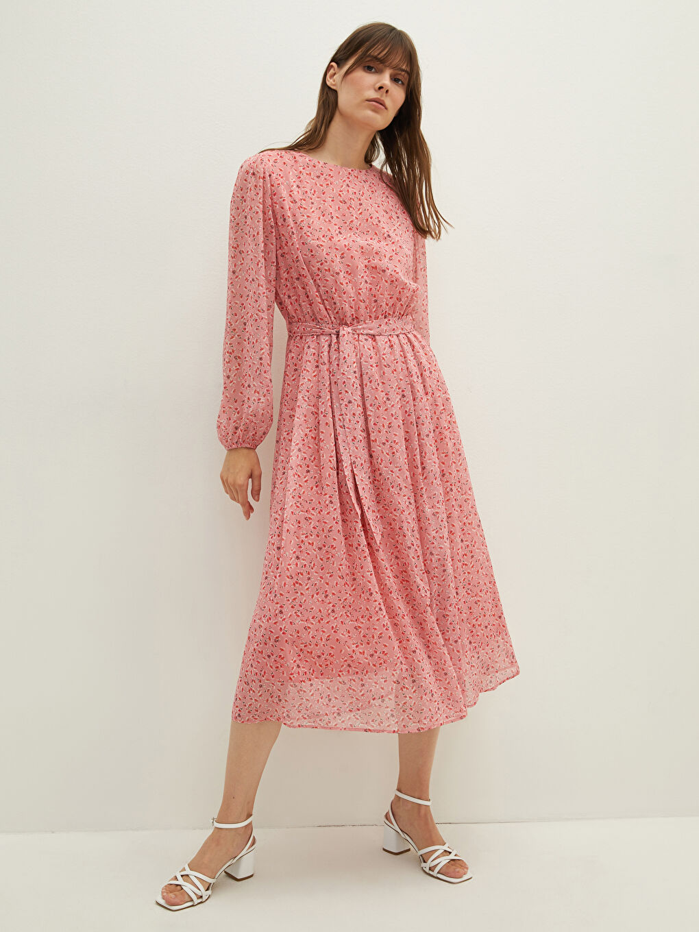 LCWAIKIKI Classic Crew Neck Floral Long Sleeve Waist Tie Detailed Chiffon Women's Dress -W1EE11Z8-LT4