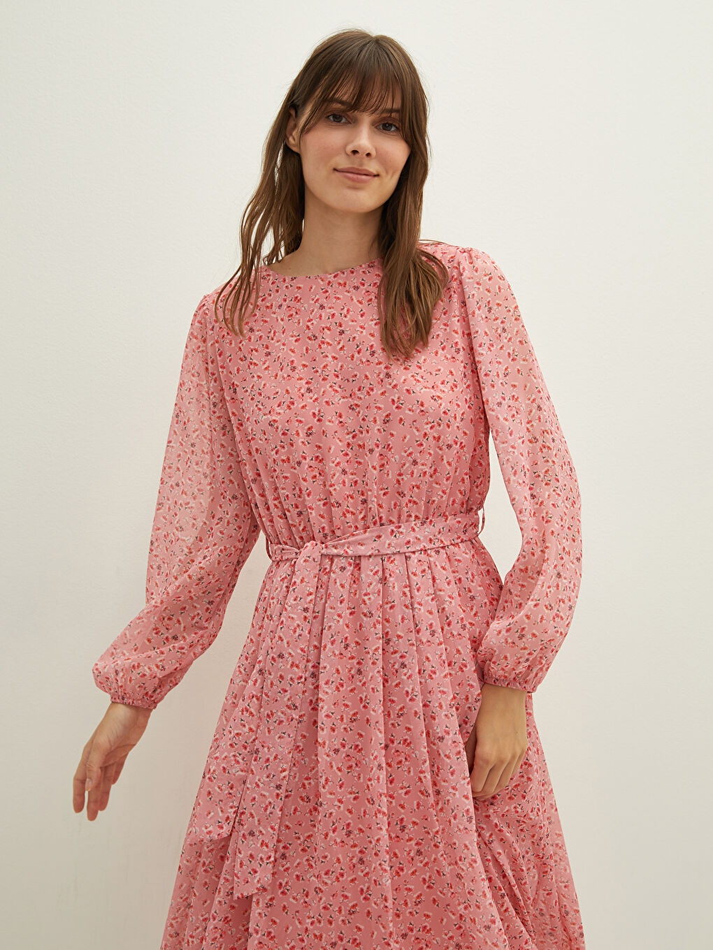 LCWAIKIKI Classic Crew Neck Floral Long Sleeve Waist Tie Detailed Chiffon Women's Dress -W1EE11Z8-LT4