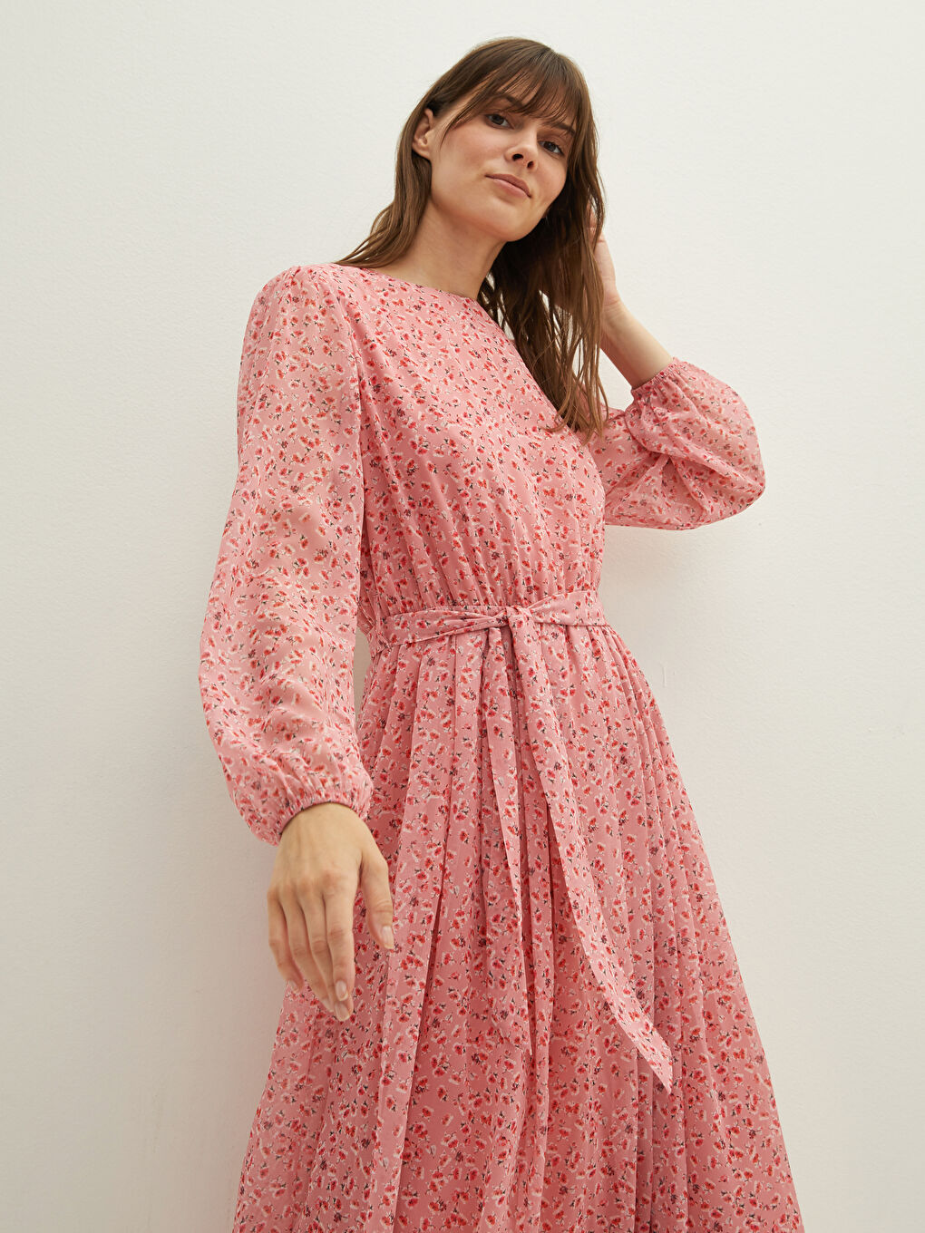 LCWAIKIKI Classic Crew Neck Floral Long Sleeve Waist Tie Detailed Chiffon Women's Dress -W1EE11Z8-LT4