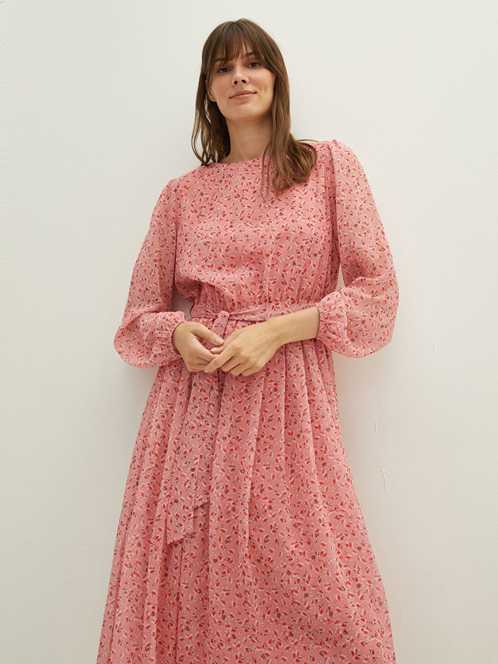 LCWAIKIKI Classic Crew Neck Floral Long Sleeve Waist Tie Detailed Chiffon Women's Dress -W1EE11Z8-LT4