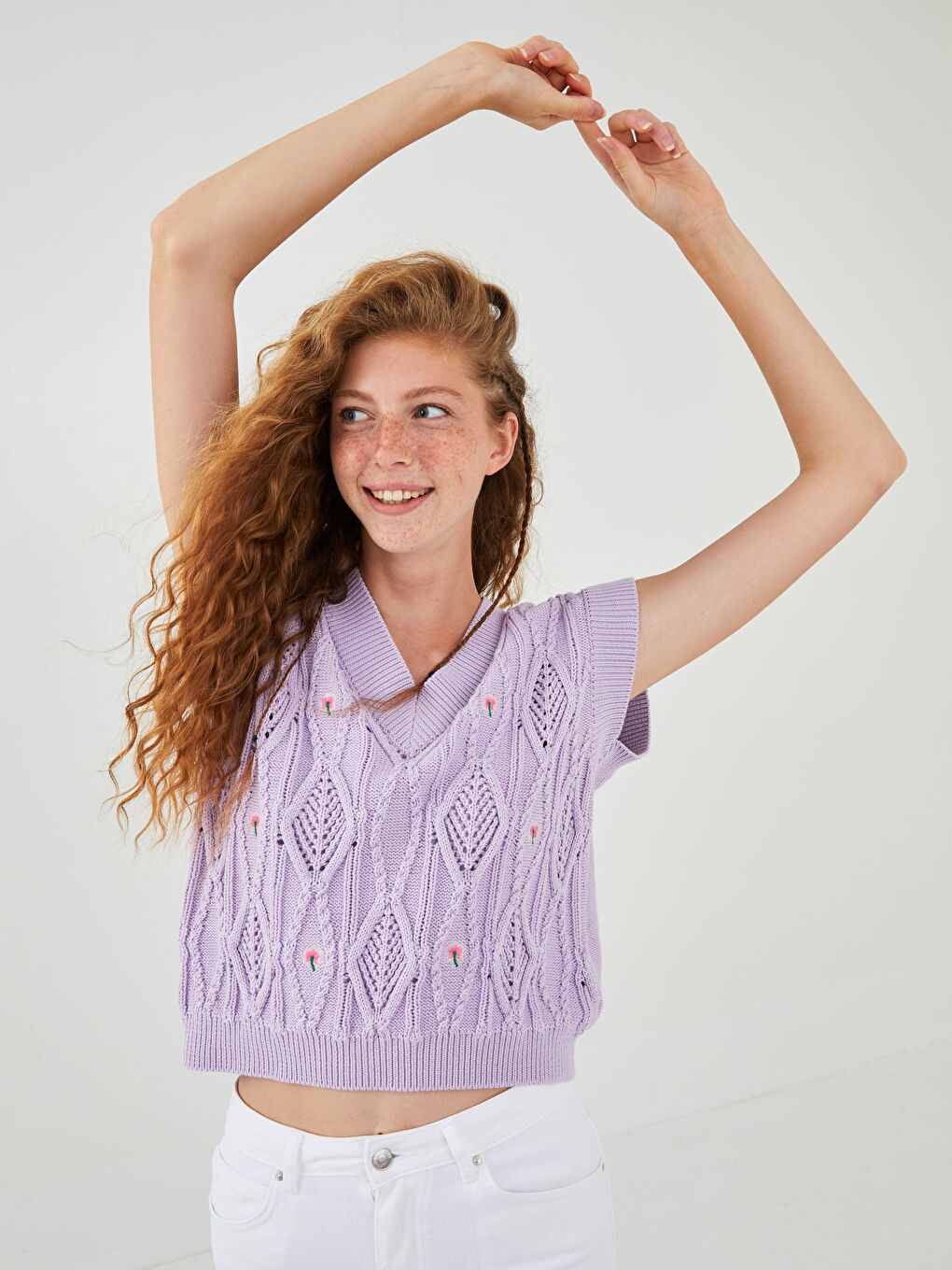 Lila V Yaka Nakışlı Kadın Triko Süveter-4