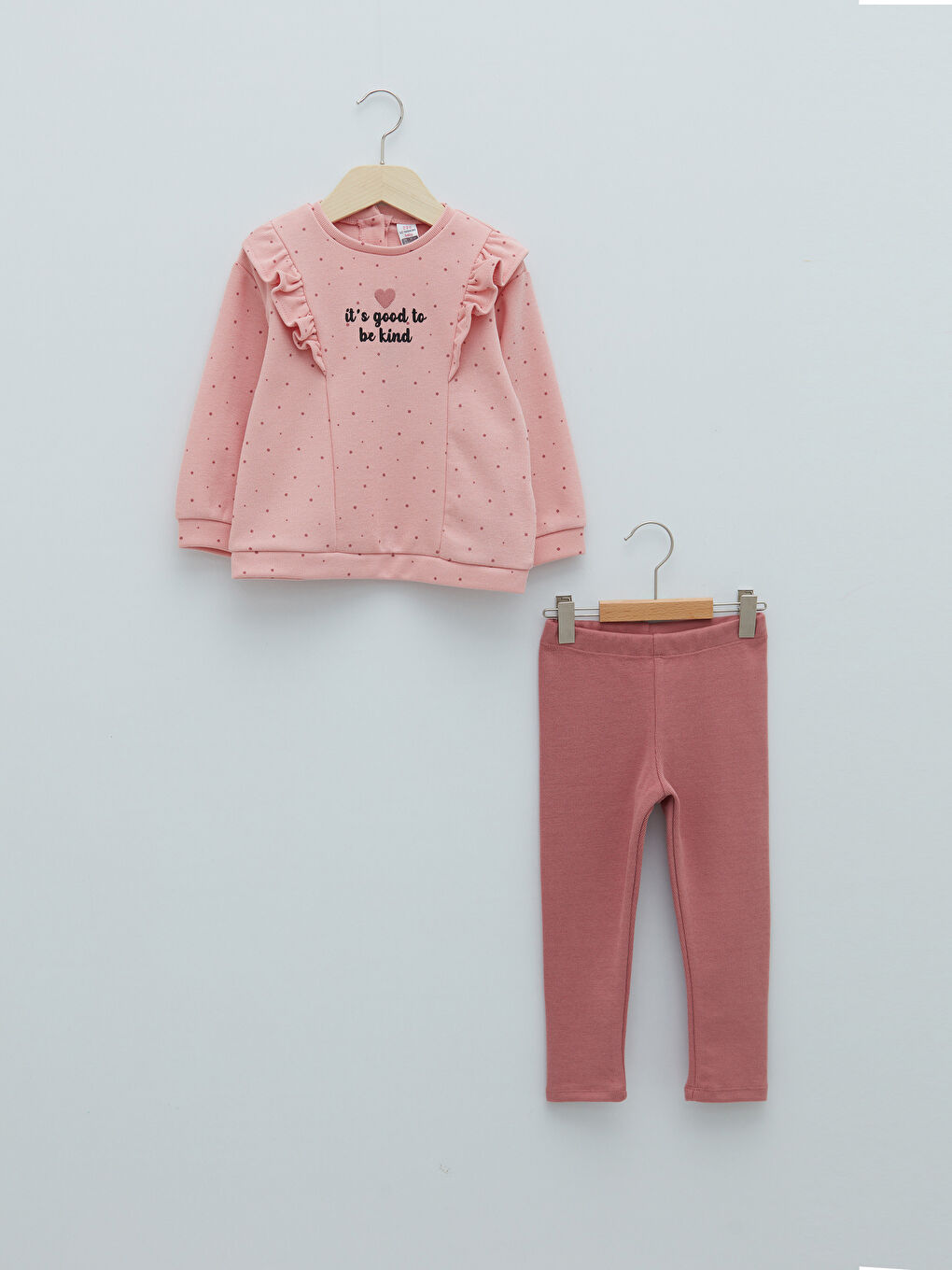 Pembe Bisiklet Yaka Uzun Kollu Kız Bebek Sweatshirt ve Tayt 2'li Takım