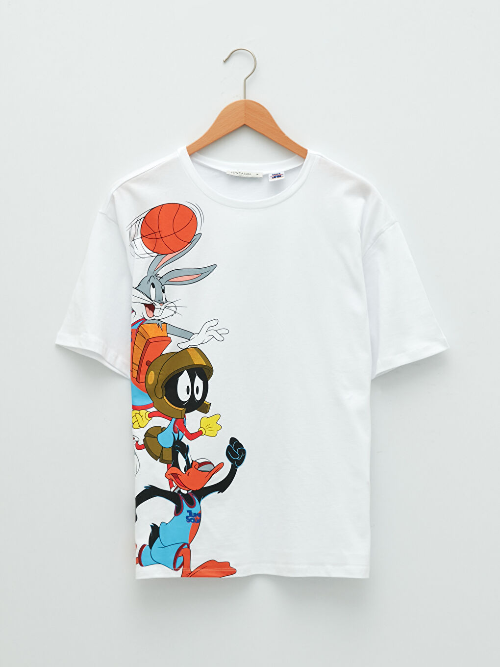 Beyaz Bisiklet Yaka Space Jam Baskılı Kısa Kollu Pamuklu Kadın Tişört-5