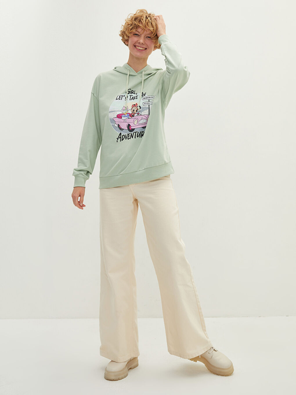 әйелдерге арналған минни маус принтті ұзын жең капюшонды худи-3