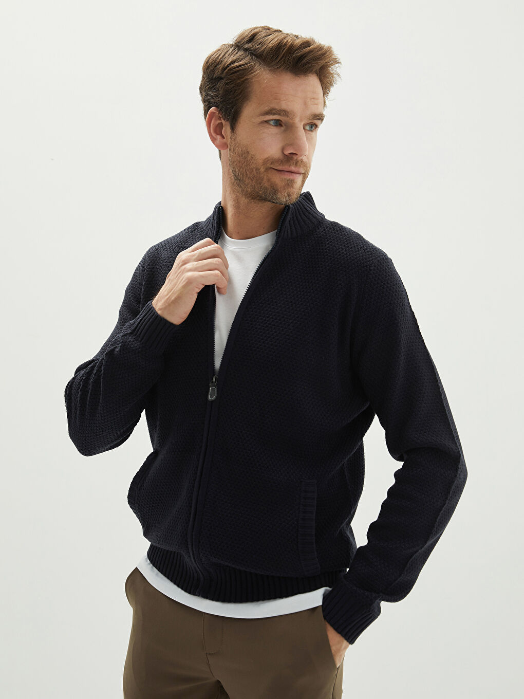 Standard Fit Turtle Neck Long Sleeve Men's Tricot Cardigan-1