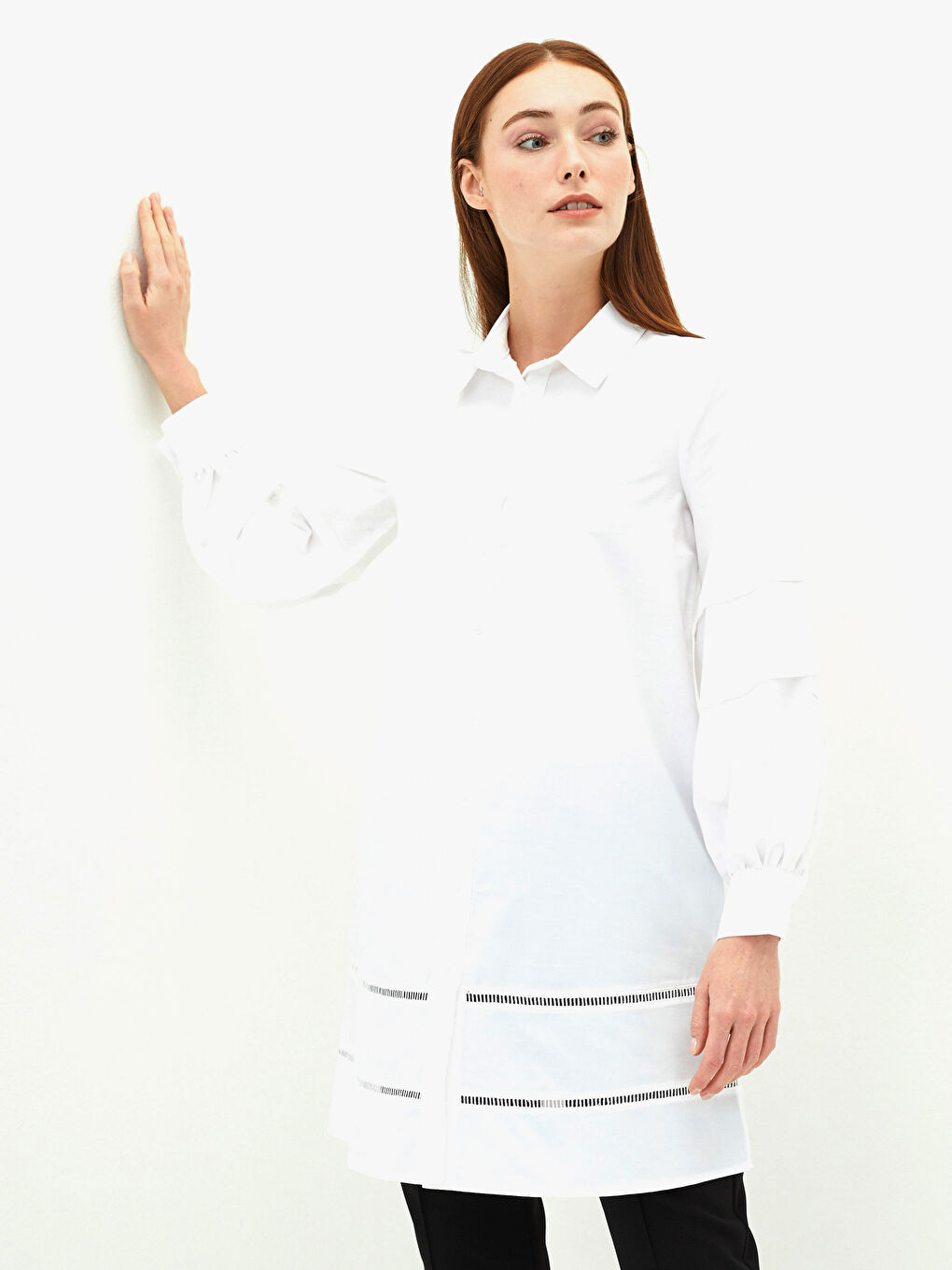 Beyaz Düz Poplin Kadın Gömlek Tunik-1