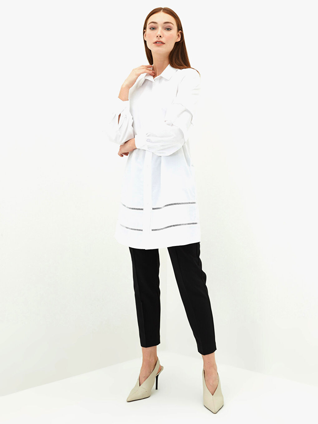 Beyaz Düz Poplin Kadın Gömlek Tunik-2