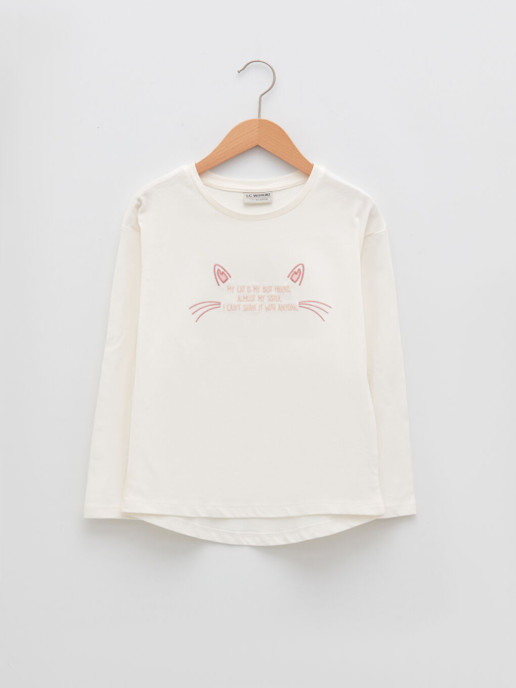 T-shirt Fille en Coton à Manches Longues avec Détails Brodés Col Rond