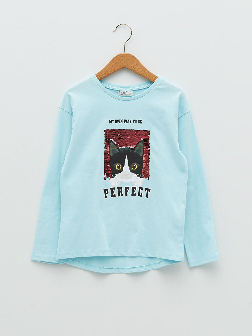 Mavi Bisiklet Yaka Baskılı Çift Yönlü Payetli Uzun Kollu Kız Çocuk Tişört