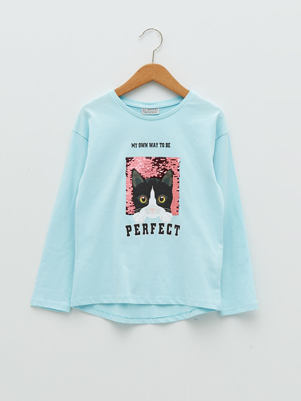 Mavi Bisiklet Yaka Baskılı Çift Yönlü Payetli Uzun Kollu Kız Çocuk Tişört-1