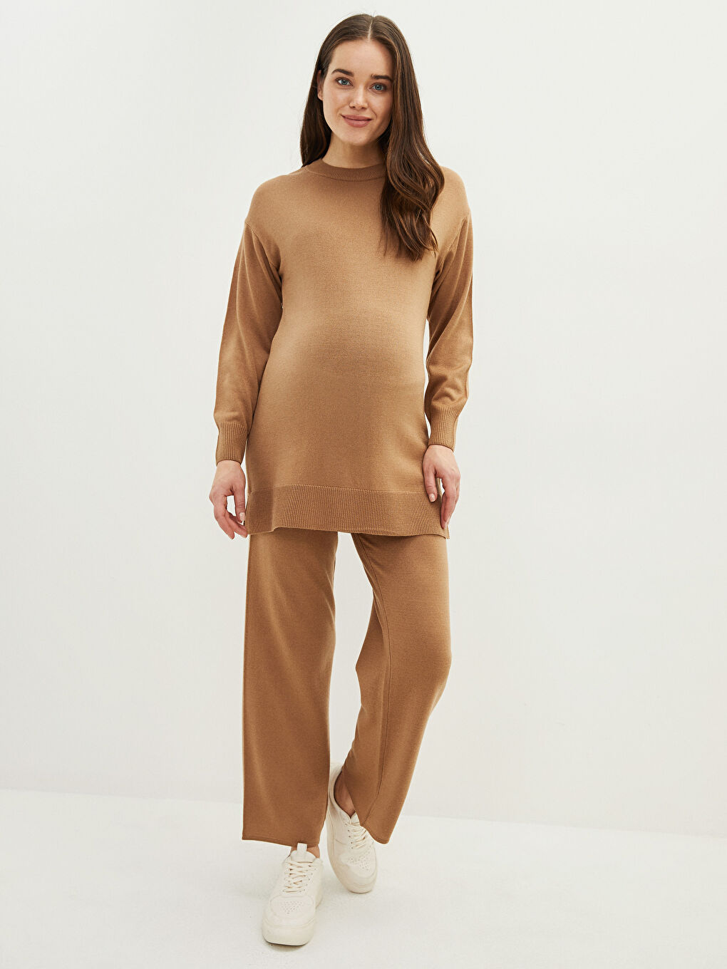 Kahverengi Bisiklet Yaka Düz Uzun Kollu Hamile Triko Tunik-2