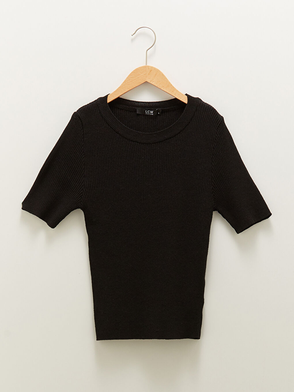 Siyah Bisiklet Yaka Düz Kısa Kollu Crop Kadın Triko Kazak-5