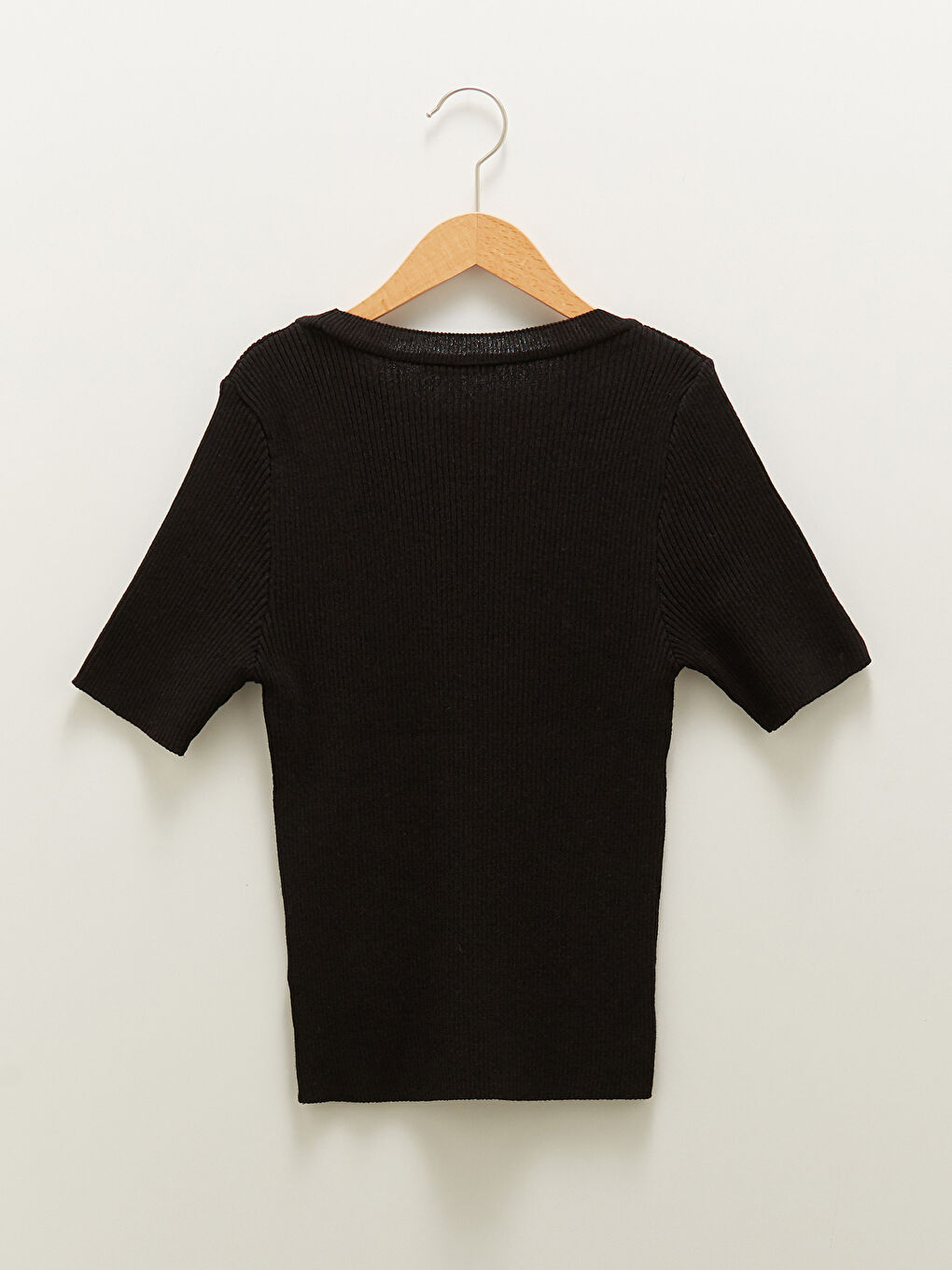 Siyah Bisiklet Yaka Düz Kısa Kollu Crop Kadın Triko Kazak-6