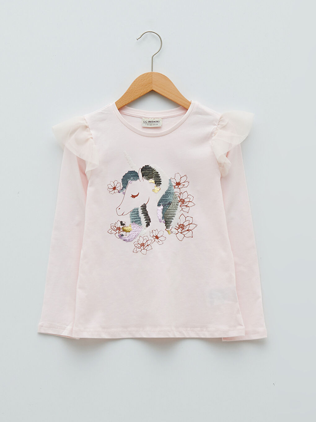 Pembe Bisiklet Yaka Baskılı Çift Yönlü Payetli Uzun Kollu Kız Çocuk Tişört-1