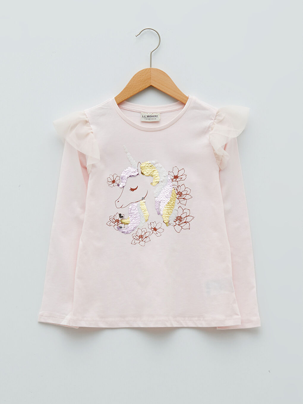 Pembe Bisiklet Yaka Baskılı Çift Yönlü Payetli Uzun Kollu Kız Çocuk Tişört-2