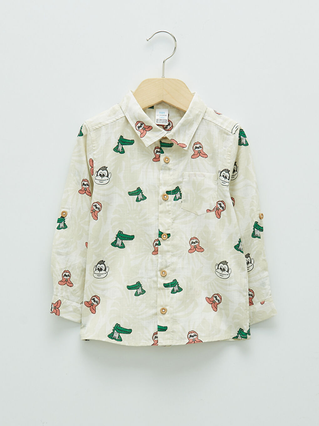 Bej Uzun Kollu Baskılı Erkek Bebek Gömlek