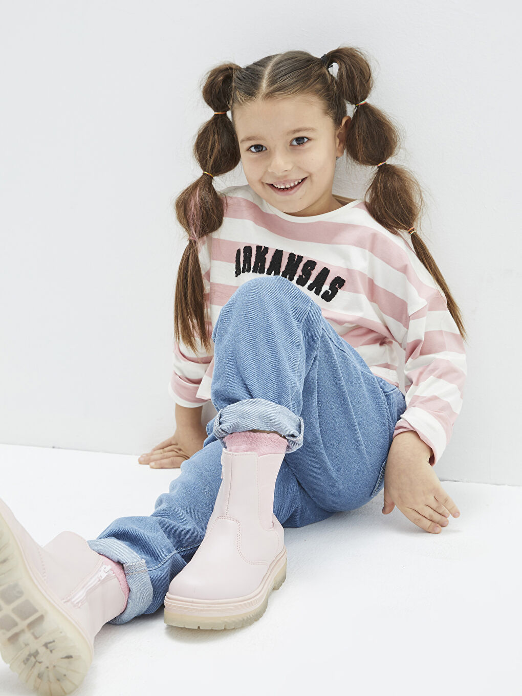 Bisiklet Yaka Çizgili Uzun Kollu Pamuklu Kız Çocuk Tişört-3