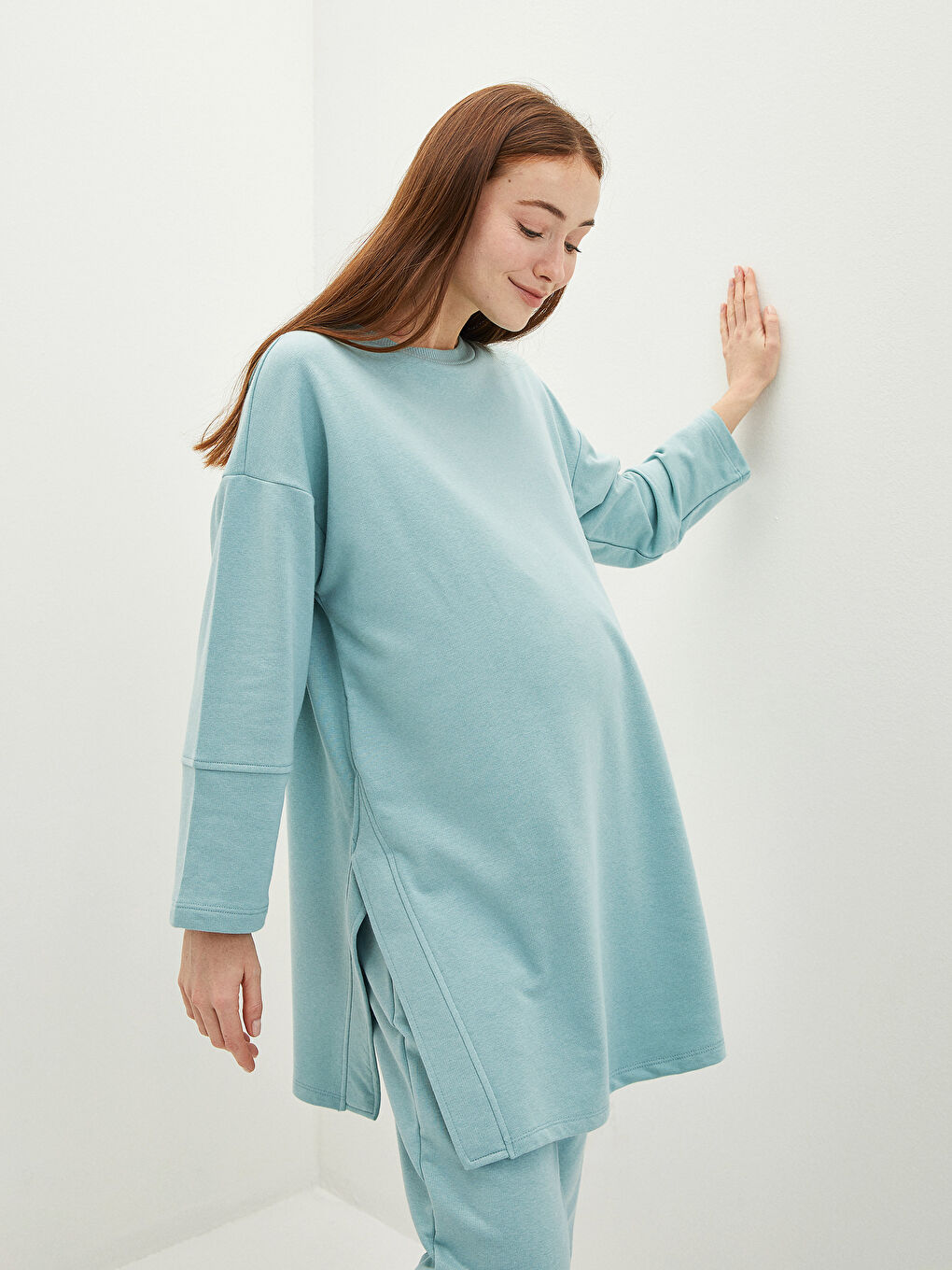 LCWAIKIKI Maternity Yeşil Bisiklet Yaka Düz Hamile Sweatshirt Tunik