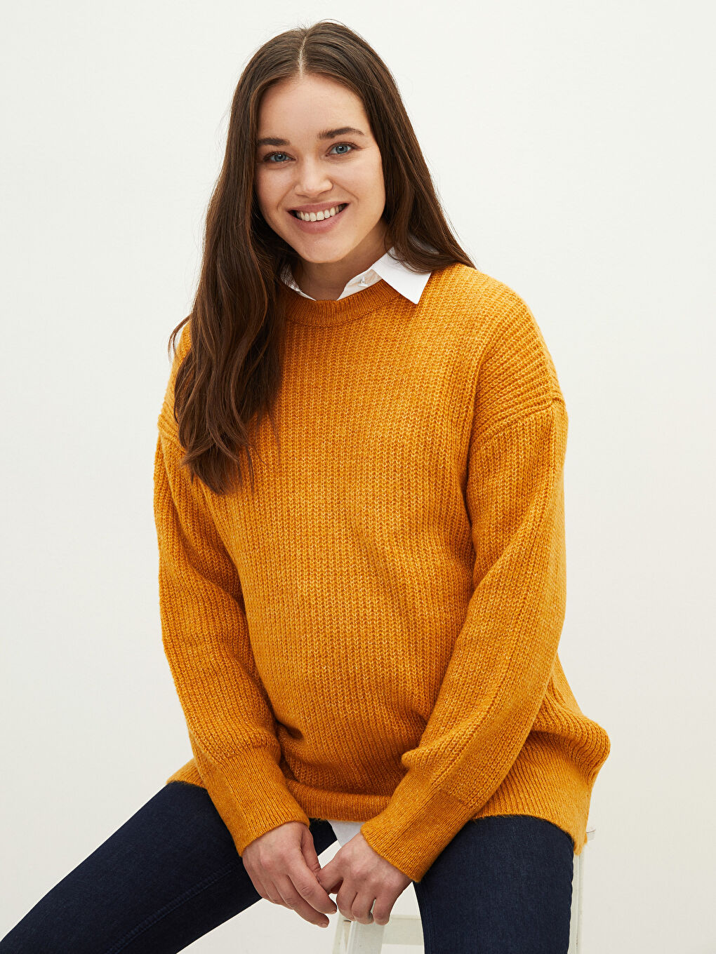 Pulover Tricot pentru Gravide cu Guler Rotund, Mânecă Lungă, Regular