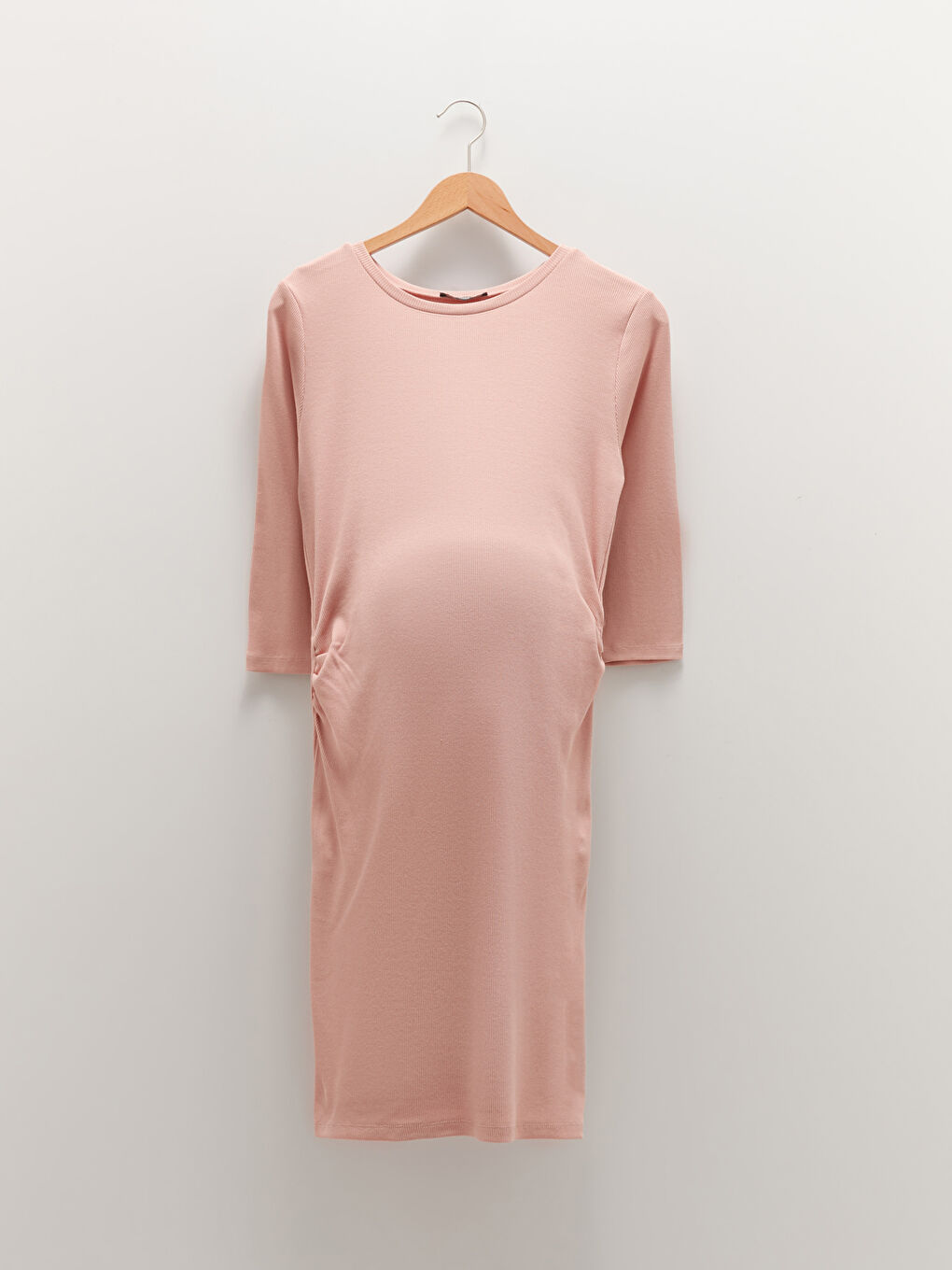 LCWAIKIKI Maternity Pembe Bisiklet Yaka Düz Uzun Kollu Hamile Bodycon Elbise - 5