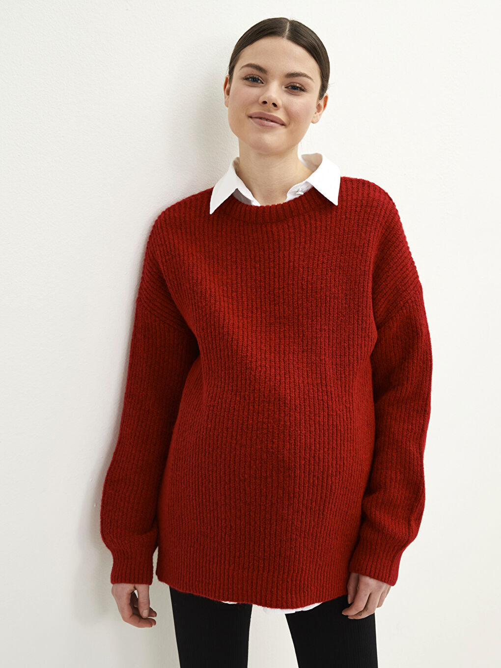 Kırmızı Bisiklet Yaka Düz Uzun Kollu Hamile Triko Kazak