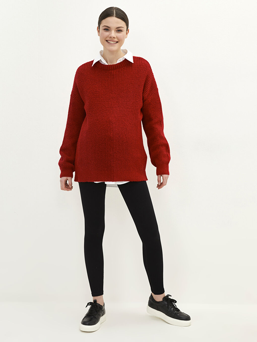 Kırmızı Bisiklet Yaka Düz Uzun Kollu Hamile Triko Kazak-2