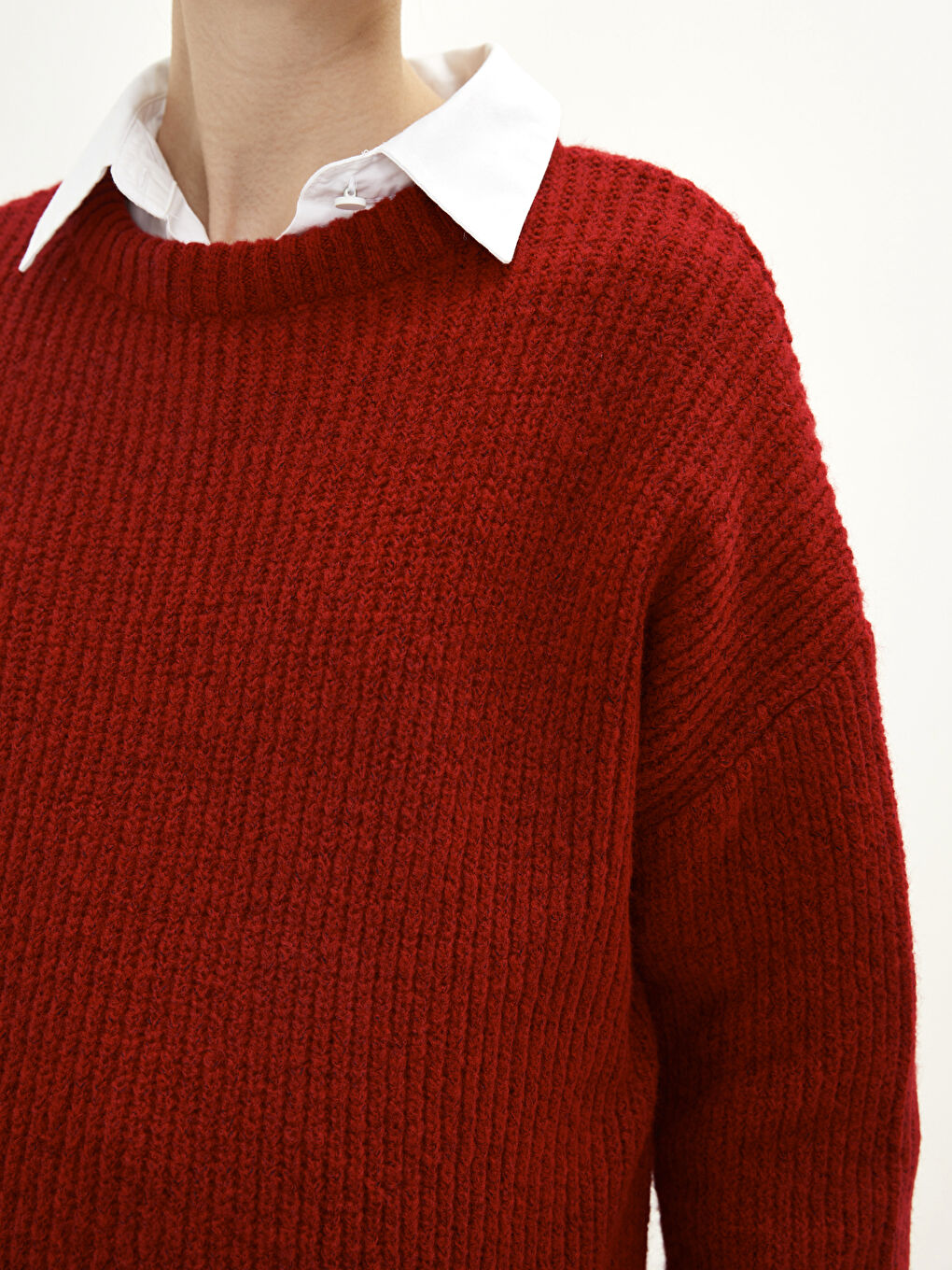 Kırmızı Bisiklet Yaka Düz Uzun Kollu Hamile Triko Kazak-3