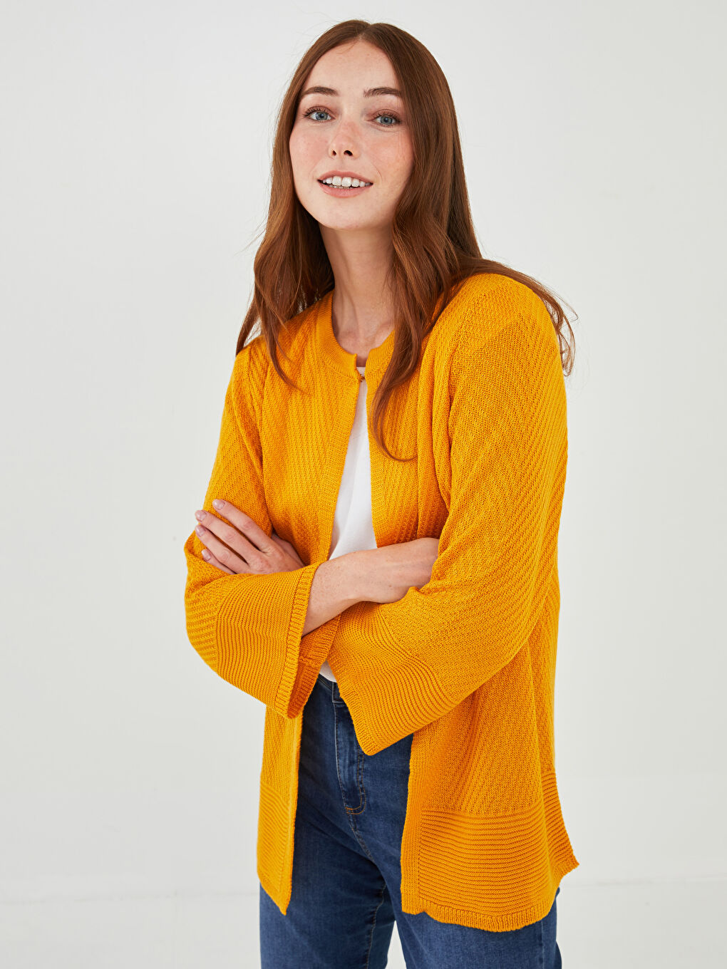 Crew Neck Plain Long Sleeve Women's Knitwear Cardigan-3