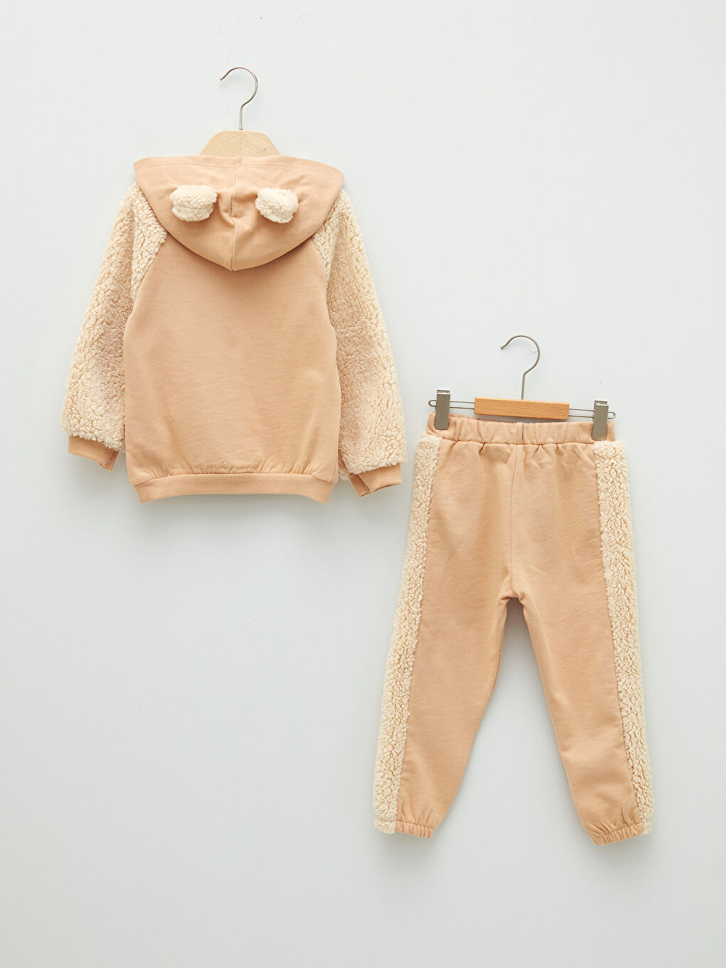 Bej Kapüşonlu Uzun Kollu Basic Kız Bebek Sweatshirt ve Jogger Pantolon 2'li Takım-1