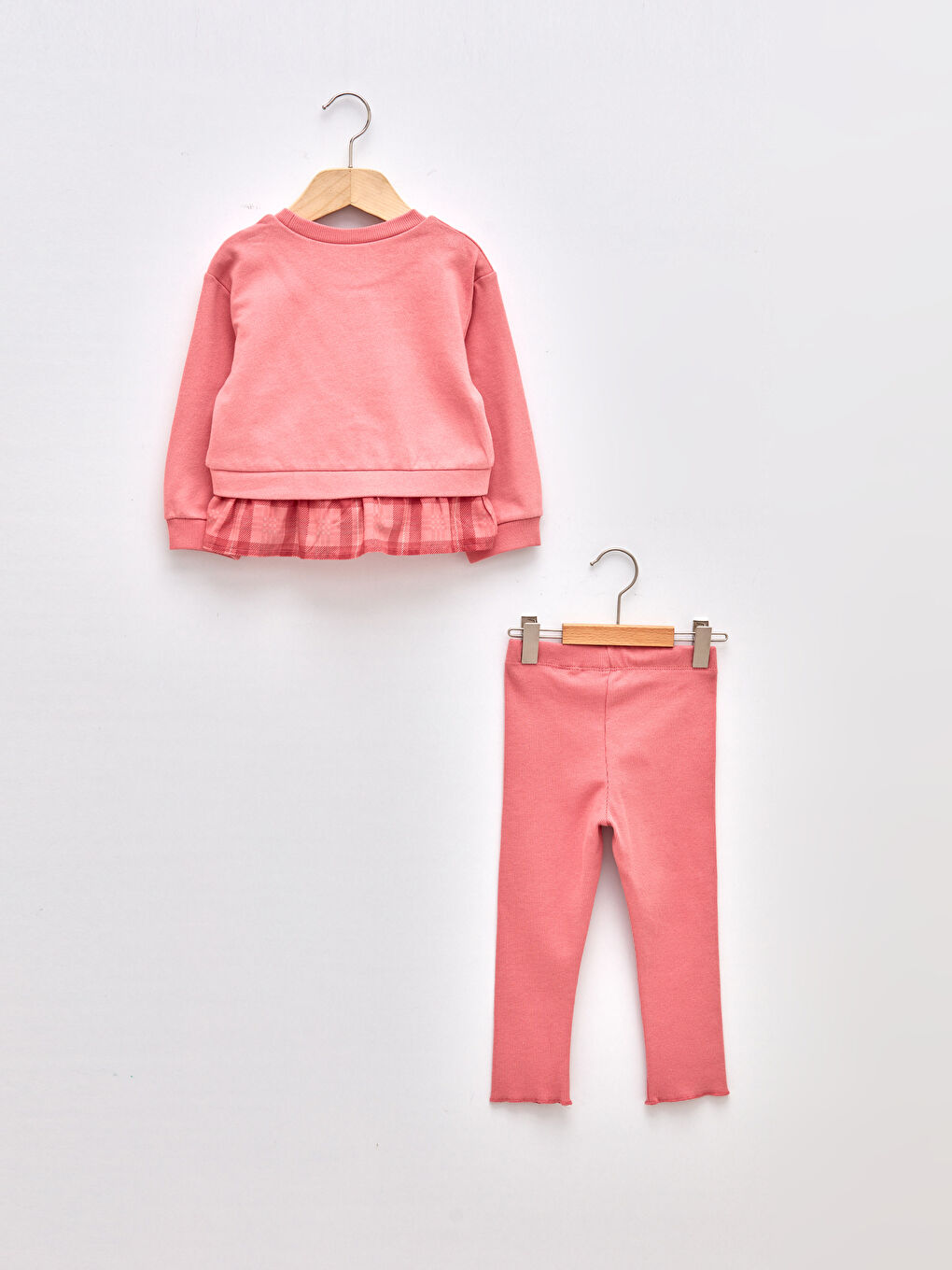 Pembe Bisiklet Yaka Uzun Kollu Ekose Desenli Kız Bebek Sweatshirt ve Tayt 2'li Takım-1