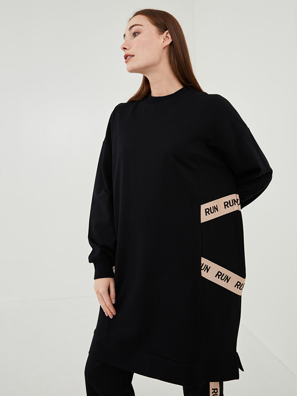 LCW Modest Свитшот-туника с круглым вырезом, длинным рукавом, базовый, хлопковый, для женщин