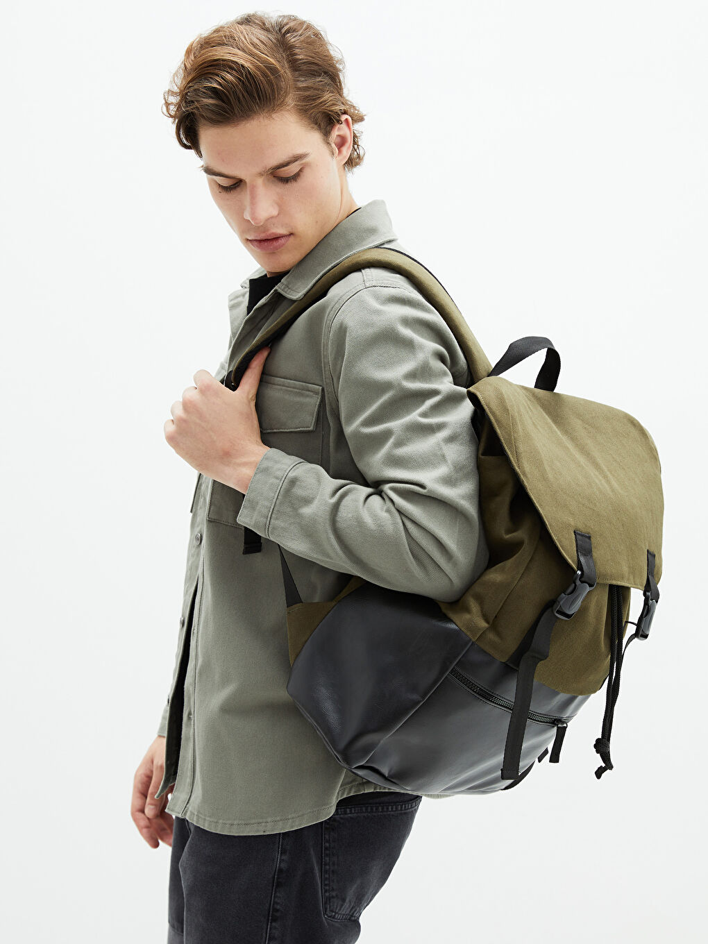 Рюкзак Мужской Холщовый С Деталями Под Кожу