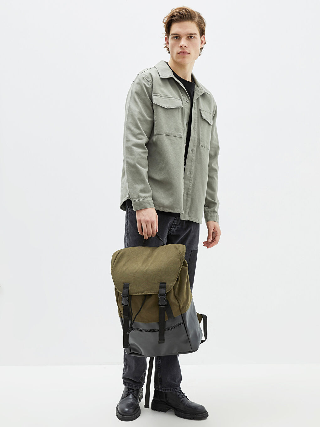 Рюкзак Мужской Холщовый С Деталями Под Кожу-1