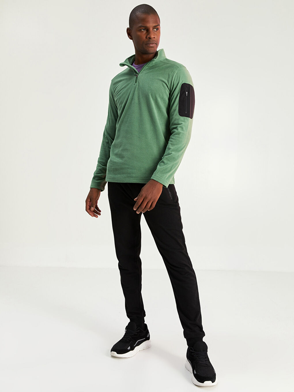 Yeşil Dik Yaka Uzun Kollu Polar Erkek Sweatshirt-1