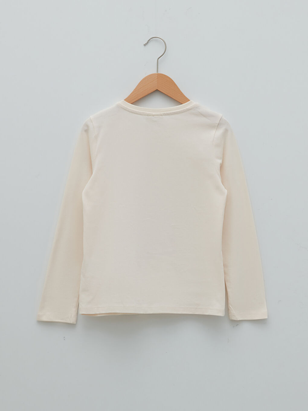 Ekru Bisiklet Yaka Baskılı Uzun Kollu Pamuklu Kız Çocuk Tişört-1