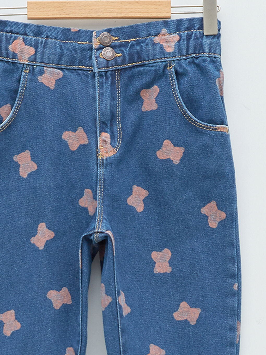 İndigo Beli Lastikli Baskılı Kız Çocuk Jean Pantolon-2