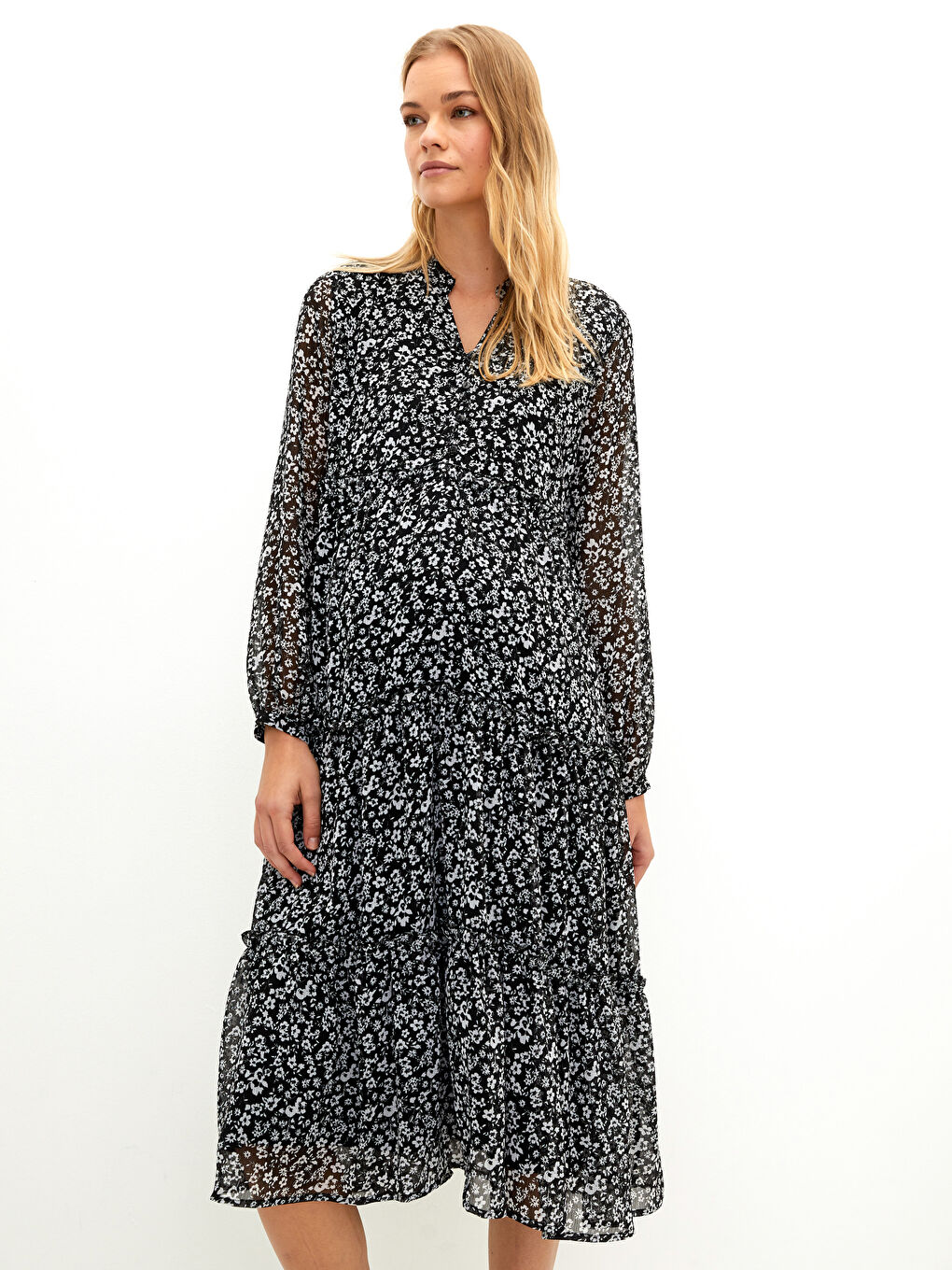 LCWAIKIKI Maternity Cropped Neck Floral Long Sleeve Chiffon Maternity Dress -W1EL85Z8-LQJ