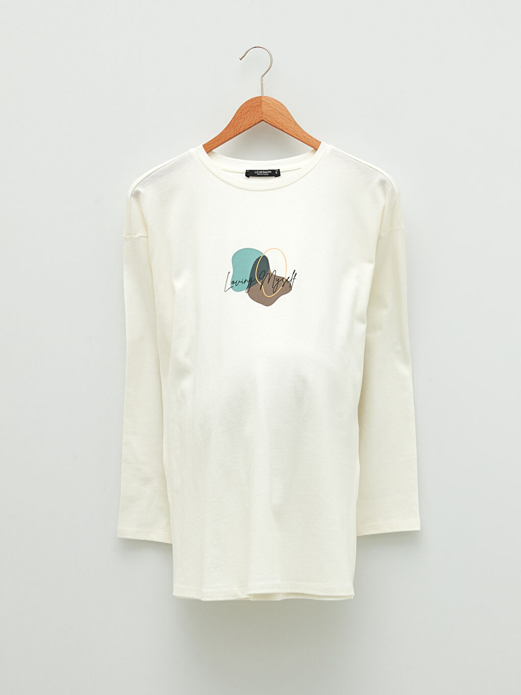 Crew Neck Printed Long Sleeve Cotton Maternity T-shirt-4