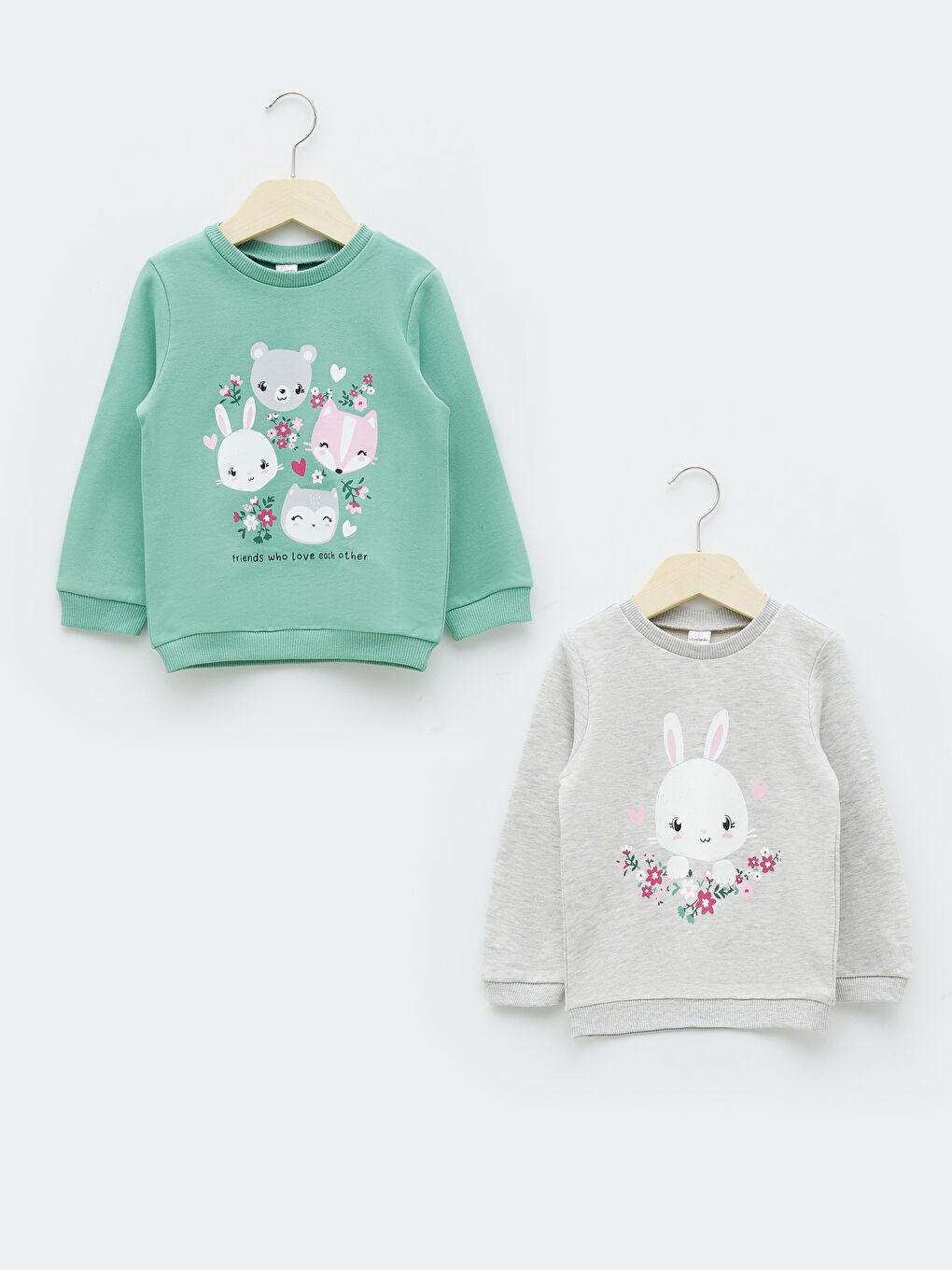 Gri Bisiklet Yaka Uzun Kollu Baskılı Kız Bebek Sweatshirt 2'li