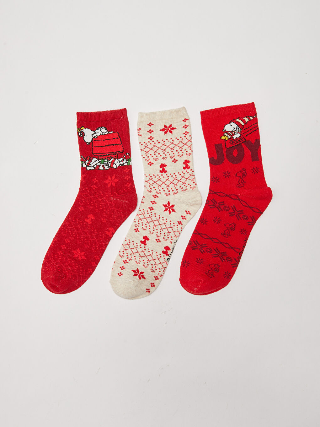 Kırmızı Yılbaşı Temalı Snoopy Baskılı Kadın Soket Çorap 3'lü Paket-1